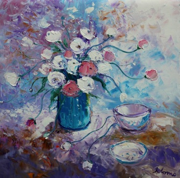 Pink and White Ranunculus in Morninglight 30x30